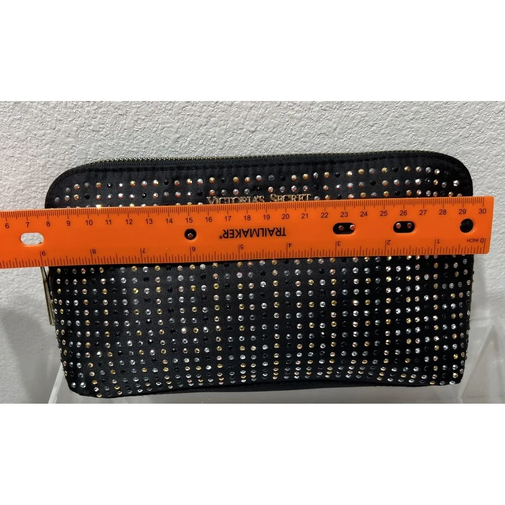 VICTORIA SECRET Makeup Bag Black With Silver & Gold Sequins Studs LEOPARD Lined